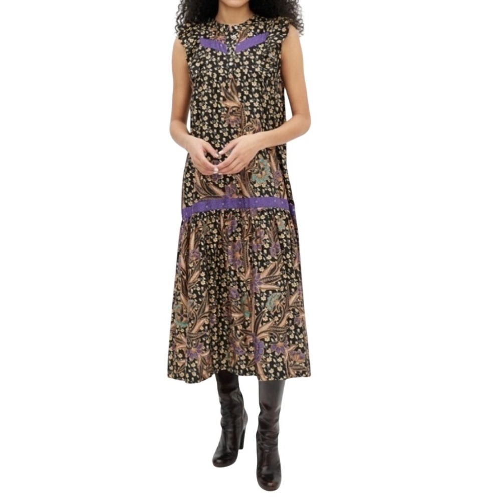 Warm Sleeveless Batik Floral Midi Dress Black Purple Ruffle Tiered Size Small